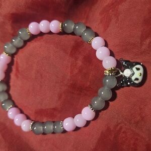 Pink and Gray Beaded Bracelet with Panda Charm